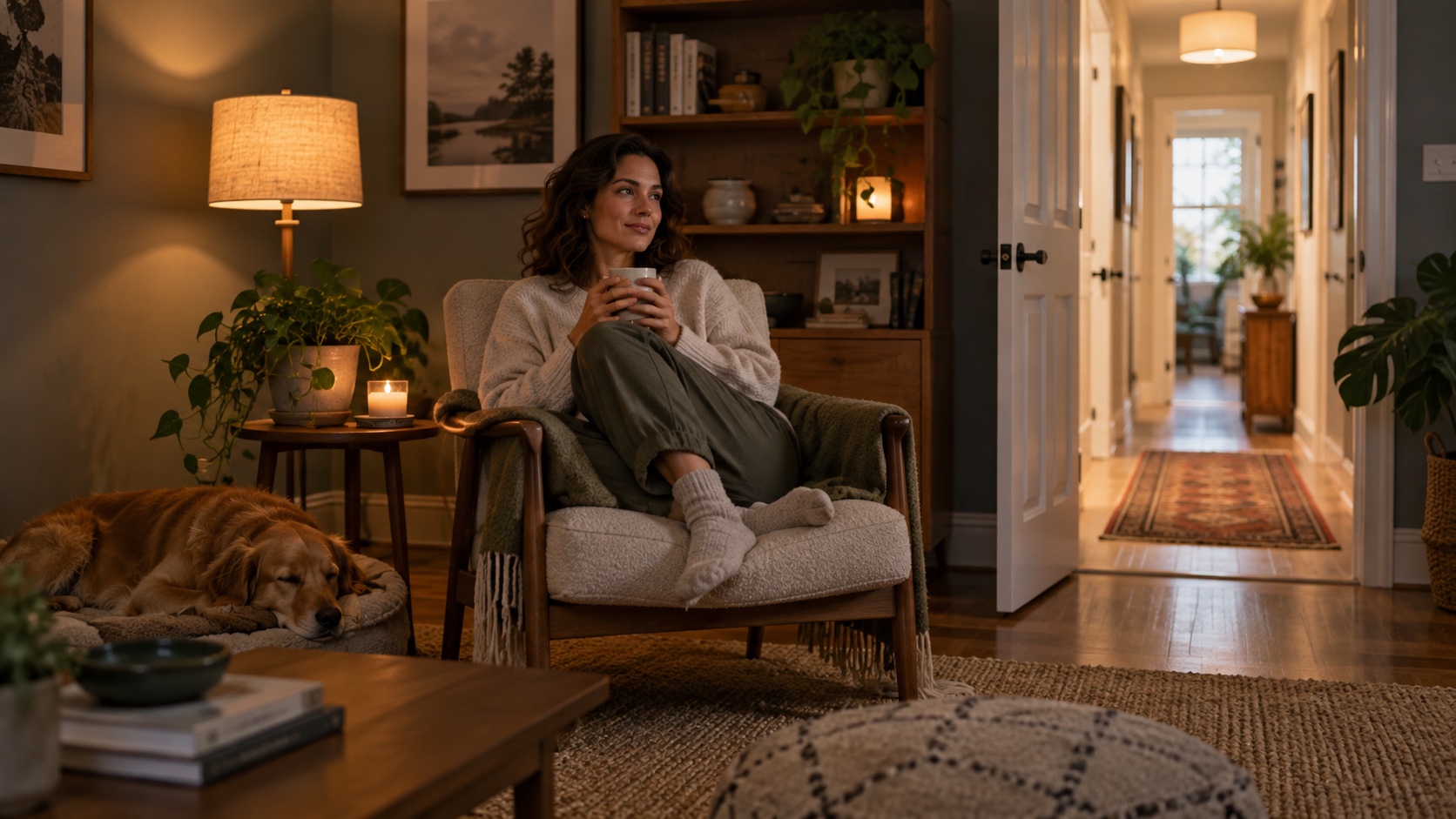An adult sits in a softly lit room near an open door.