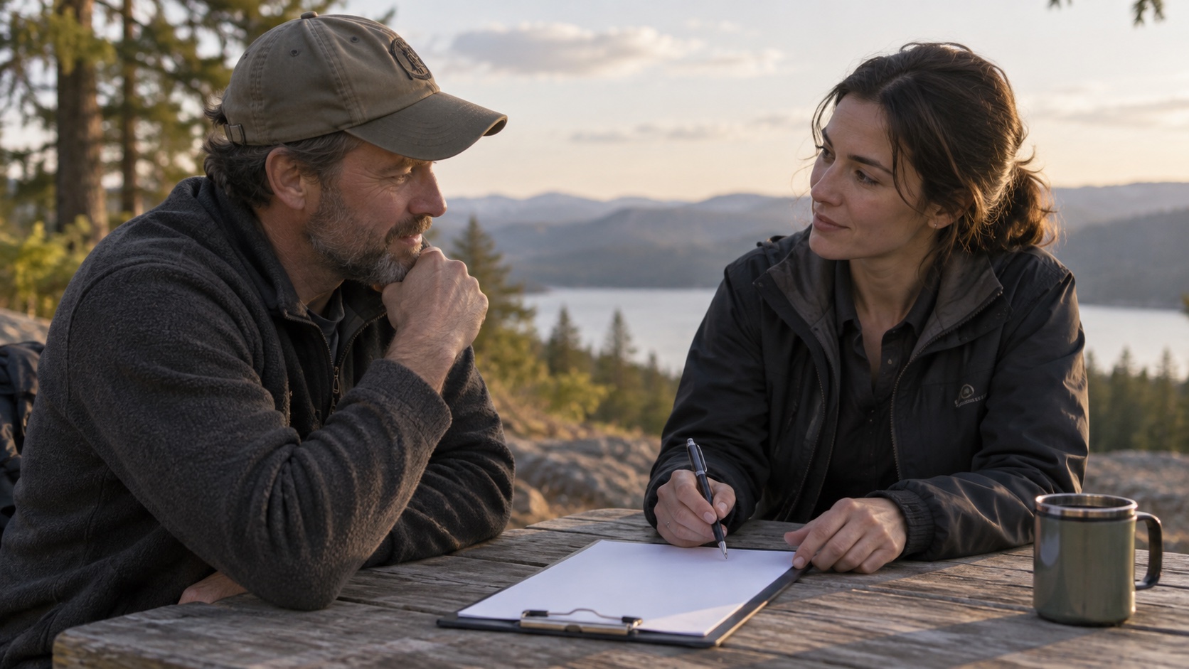 An adult and researcher talk in a quiet room.