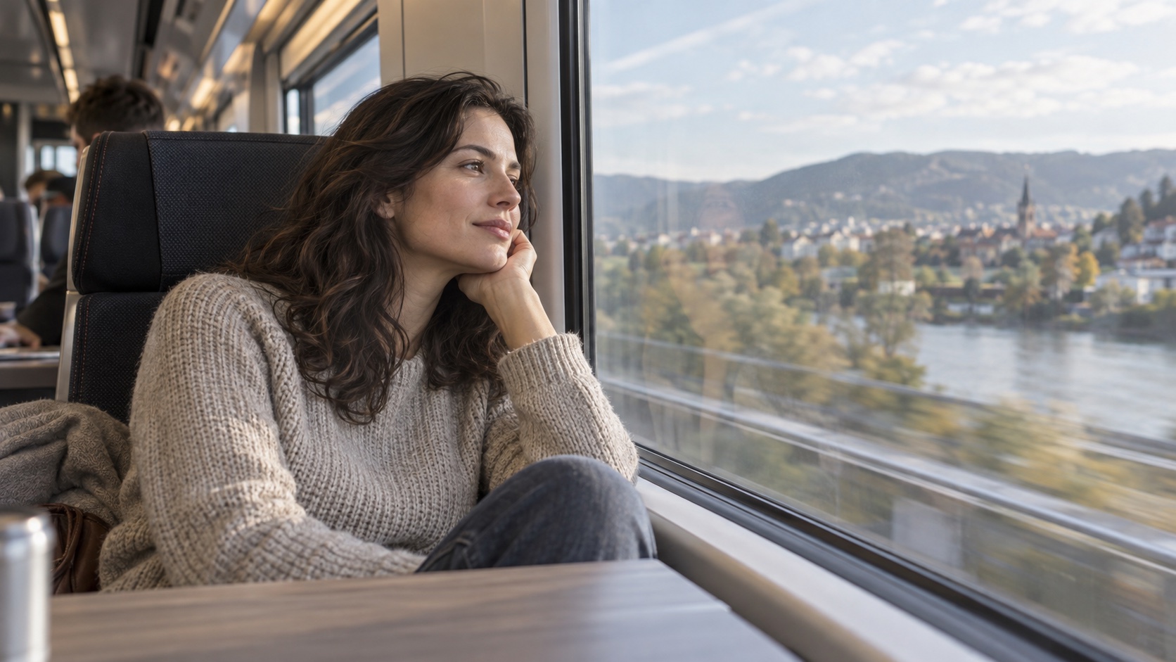 An adult sits quietly on public transit.