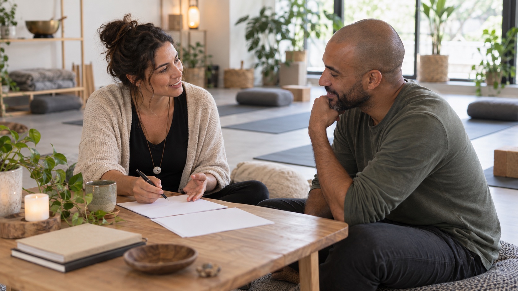 An instructor speaks with a participant in a calm room.