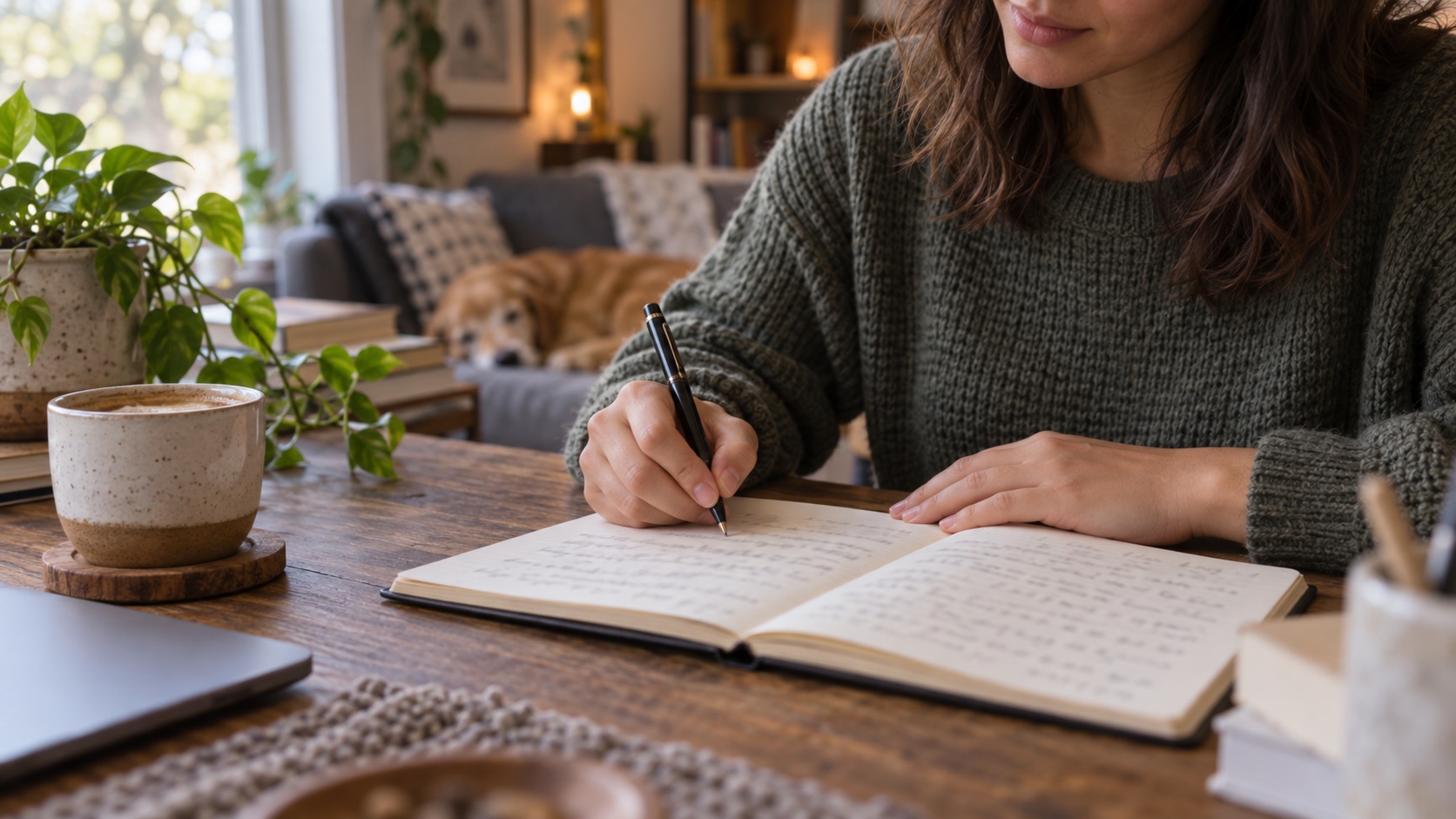 An adult writes in a journal at a table.