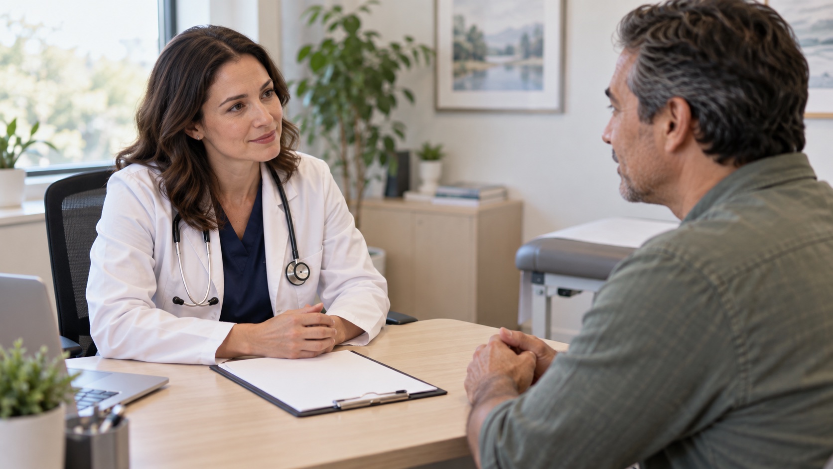 An adult and clinician talk in a quiet office.
