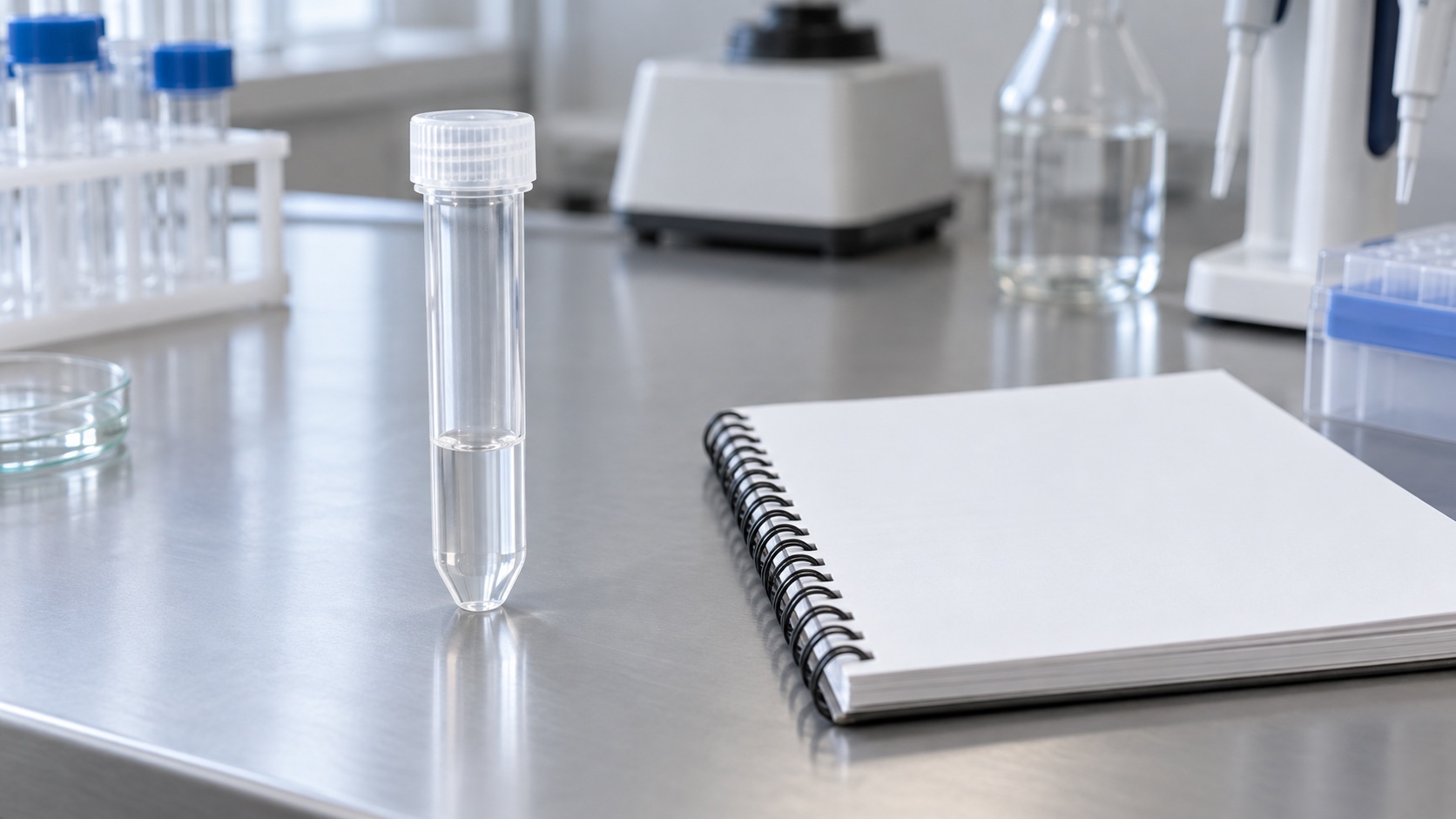 A plain sample tube sits beside a blank notebook.
