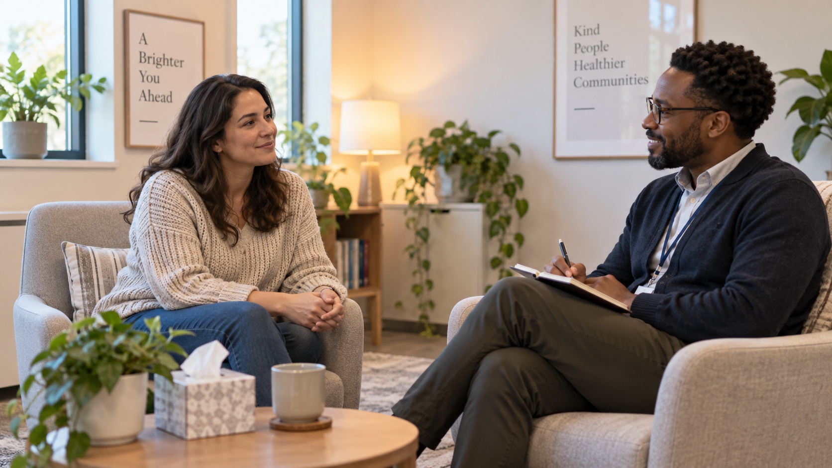 An adult and clinician talk in a calm office.