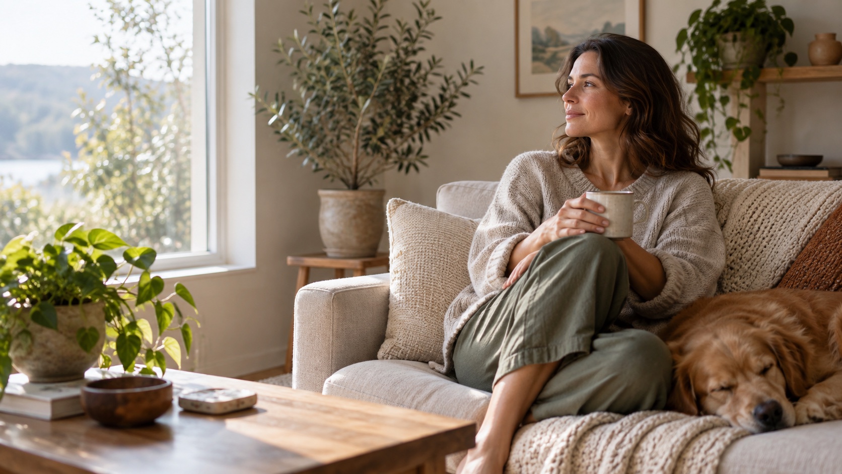 An adult sits quietly on a cushion beside a chair.