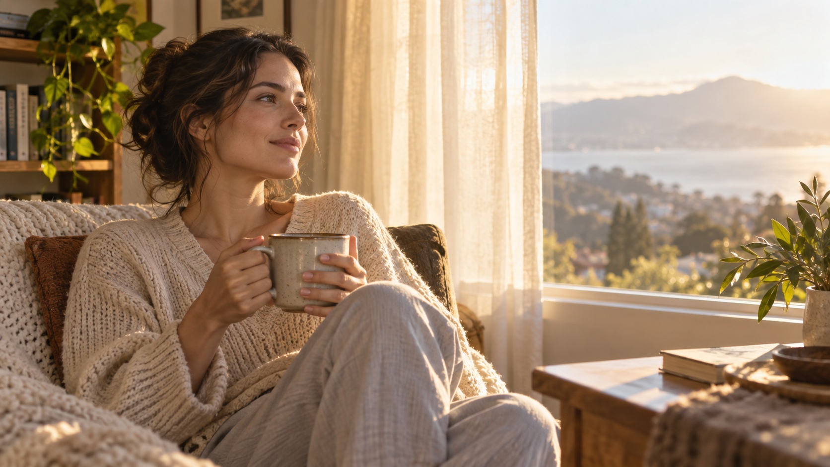 Person meditates beside morning light at home.