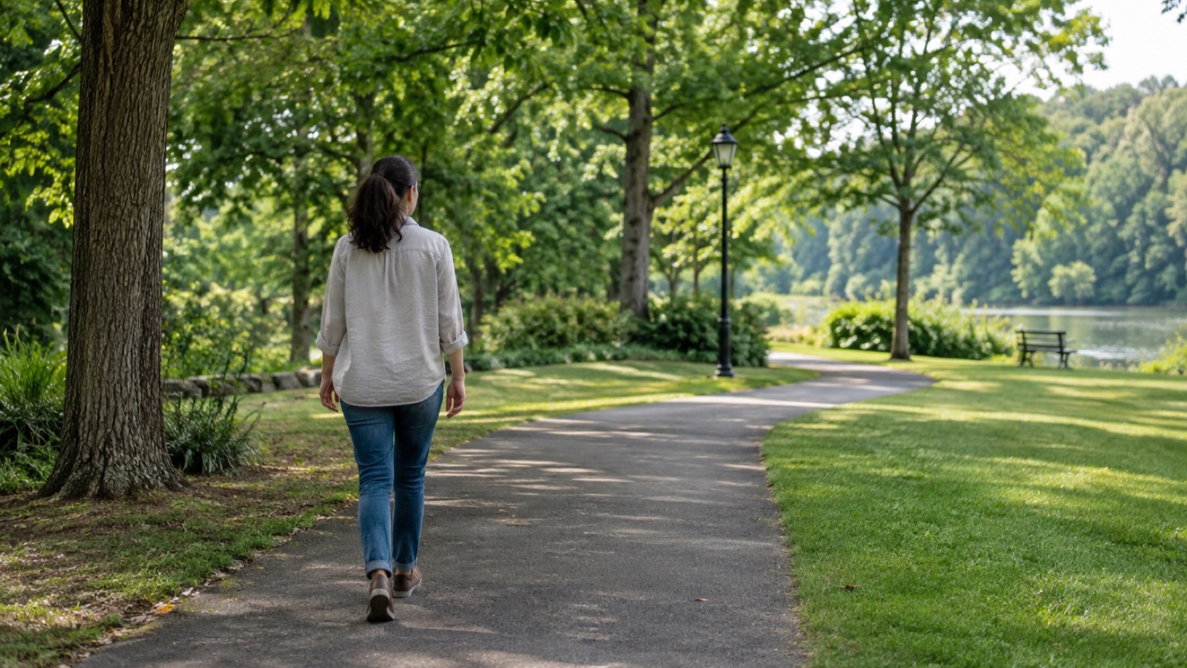Person walks on a safe park path.