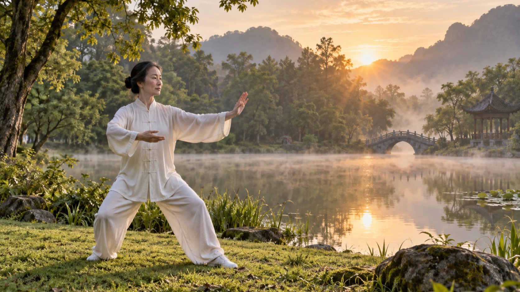 Adult practices slow tai chi in a park.