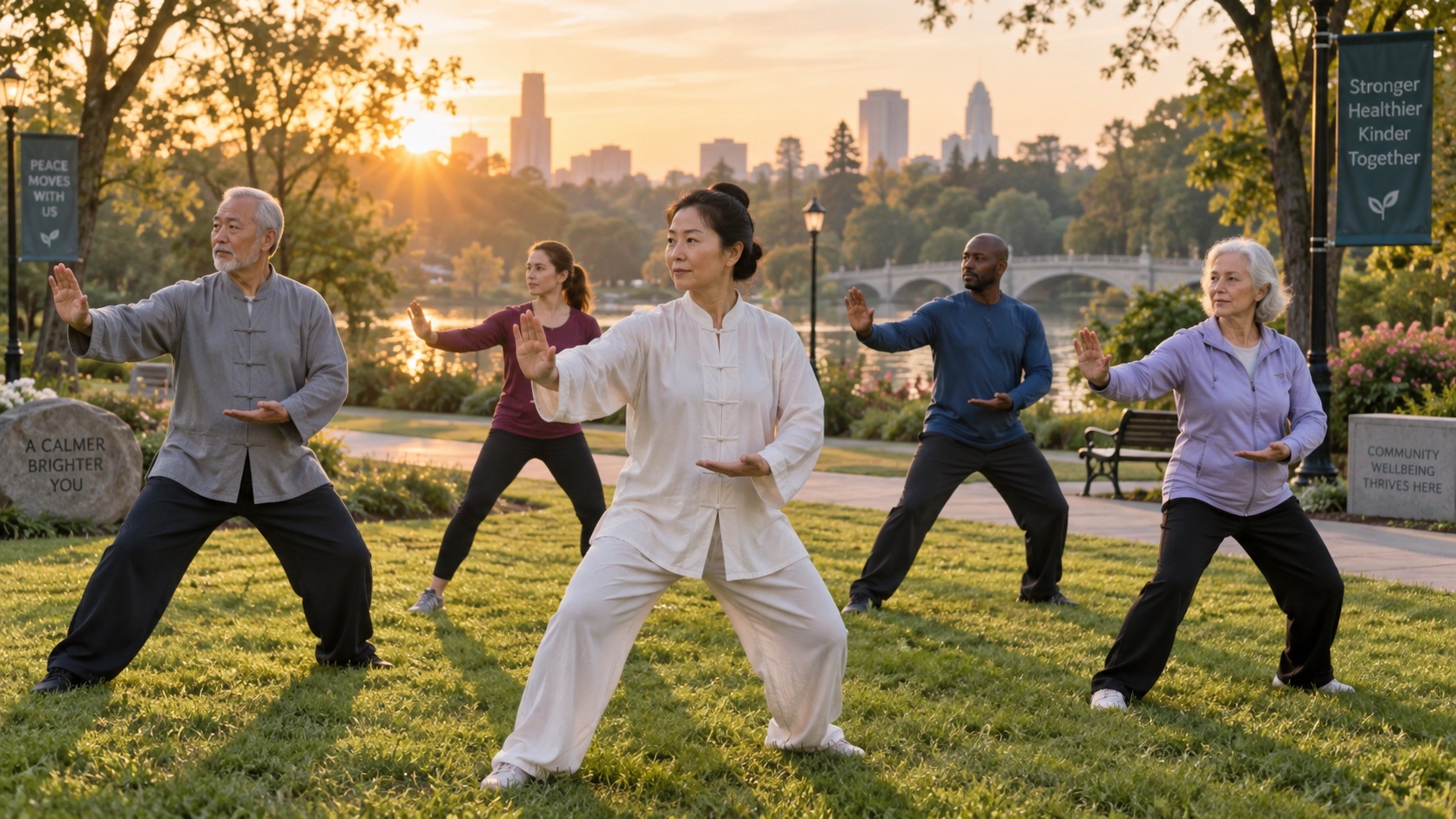 Small group practicing slow tai chi in a park.