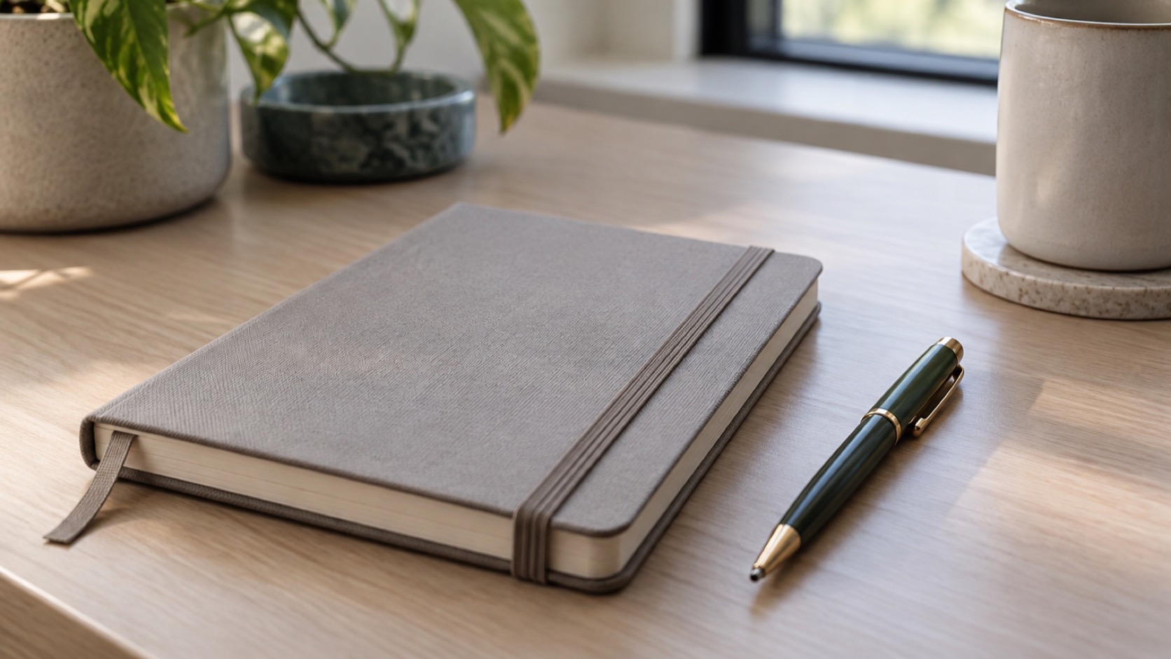 A blank notebook and pen on a clean table.