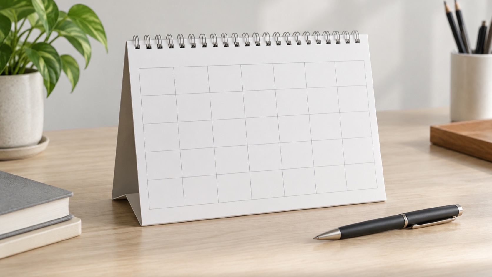 A blank paper calendar beside a pen.