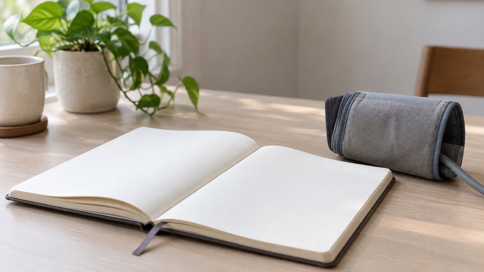 Notebook, pen, and unmarked blood pressure cuff.