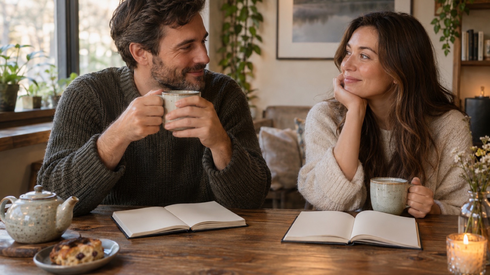 Two adults review blank notebooks at a kitchen table.