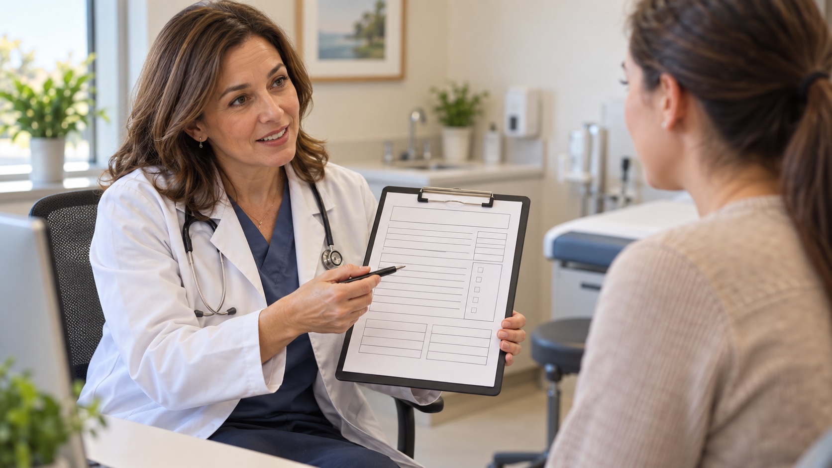 Clinician and adult discuss a blank lab report.