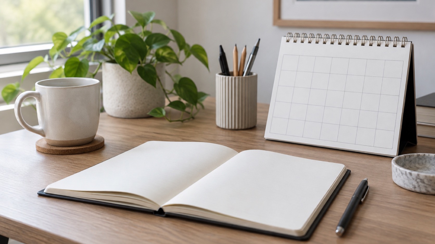 Blank calendar and notebook beside a pen.