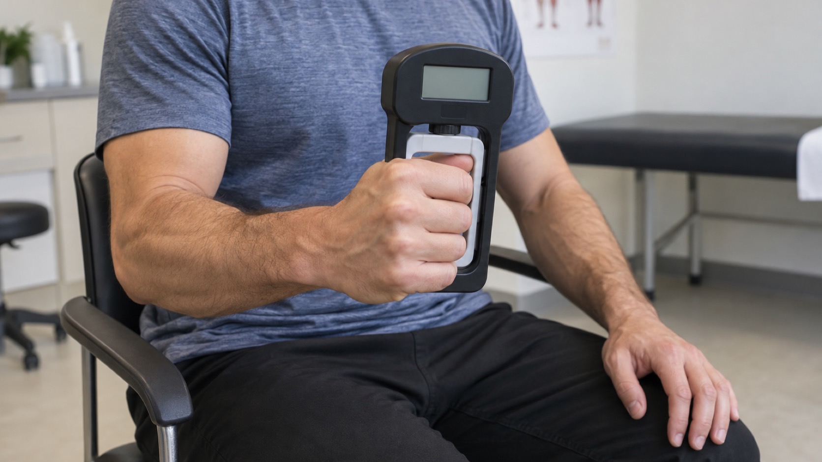 Adult squeezes a small hand dynamometer while seated.