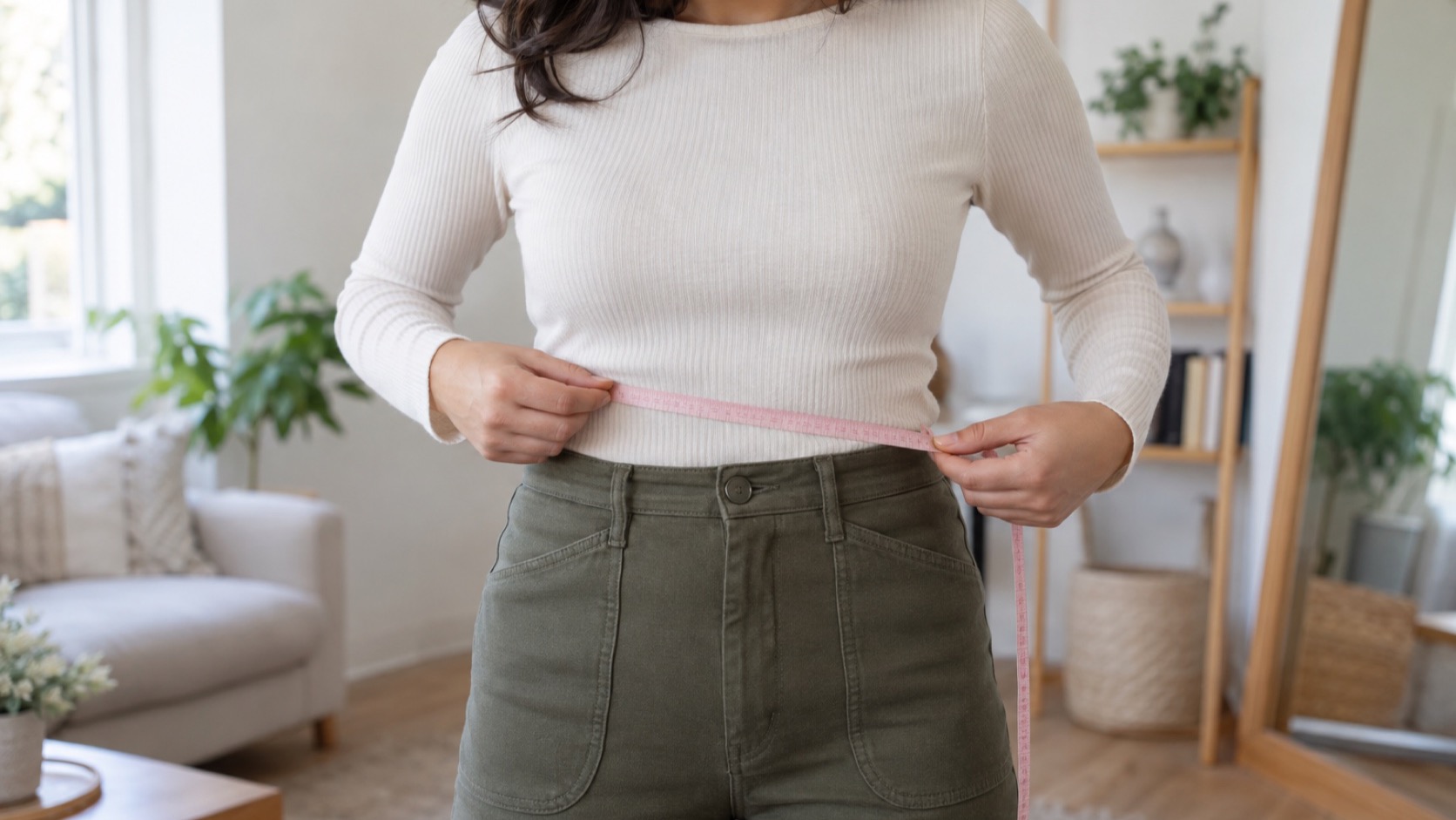 Adult measures waist with flexible tape over clothing.