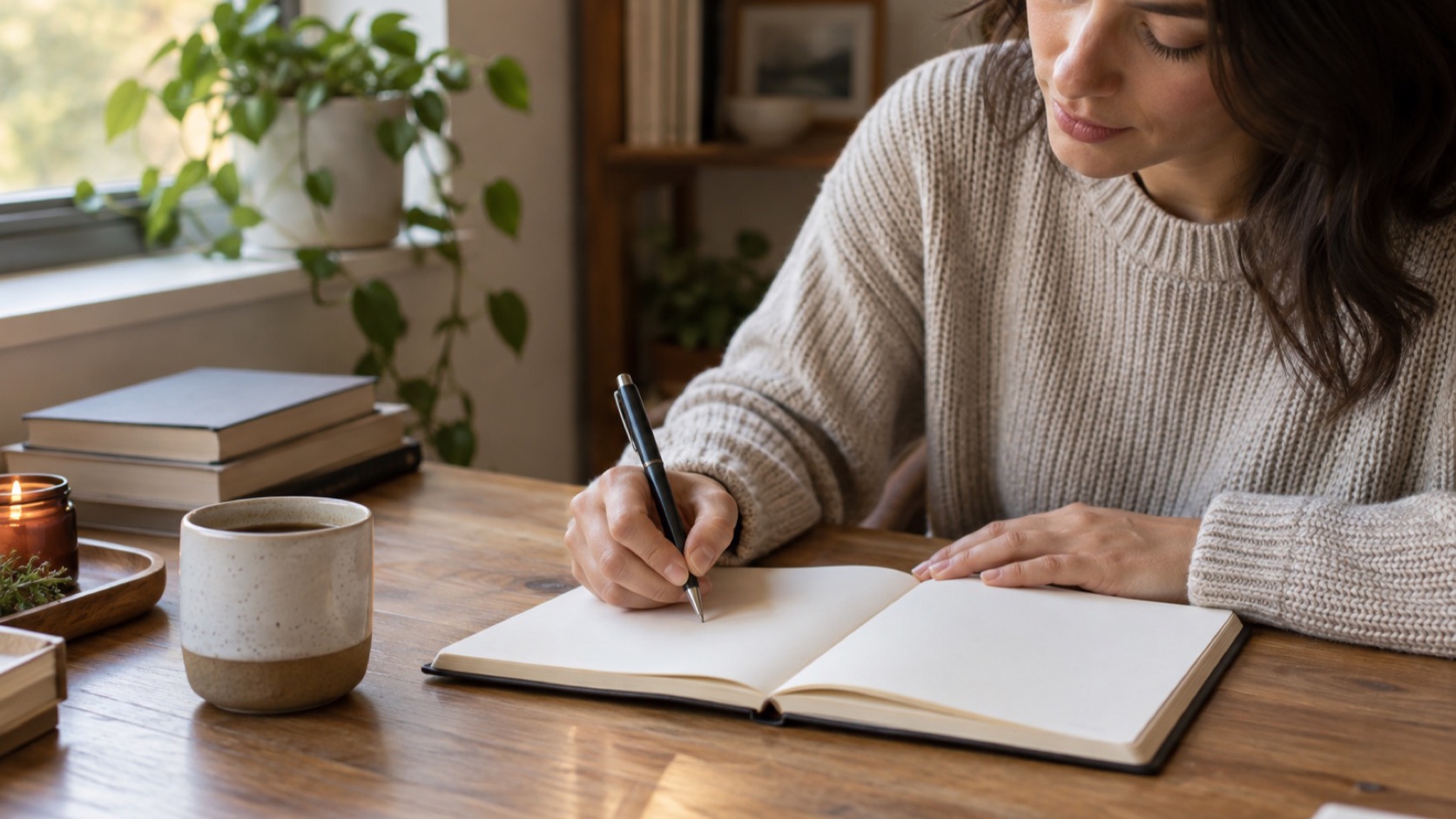Adult writes in a blank notebook at a desk.