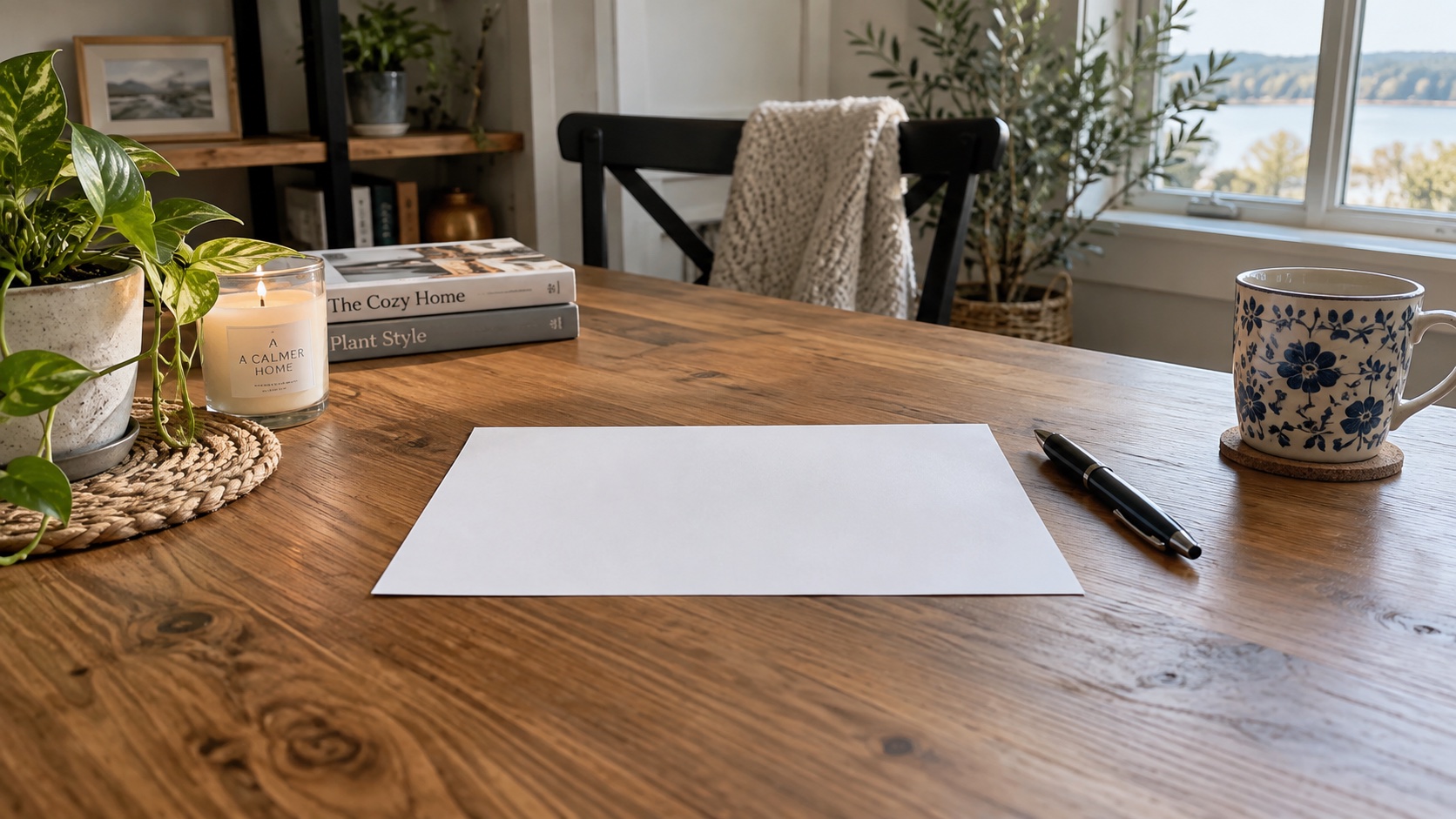 Adult writes on a blank planning sheet at home.