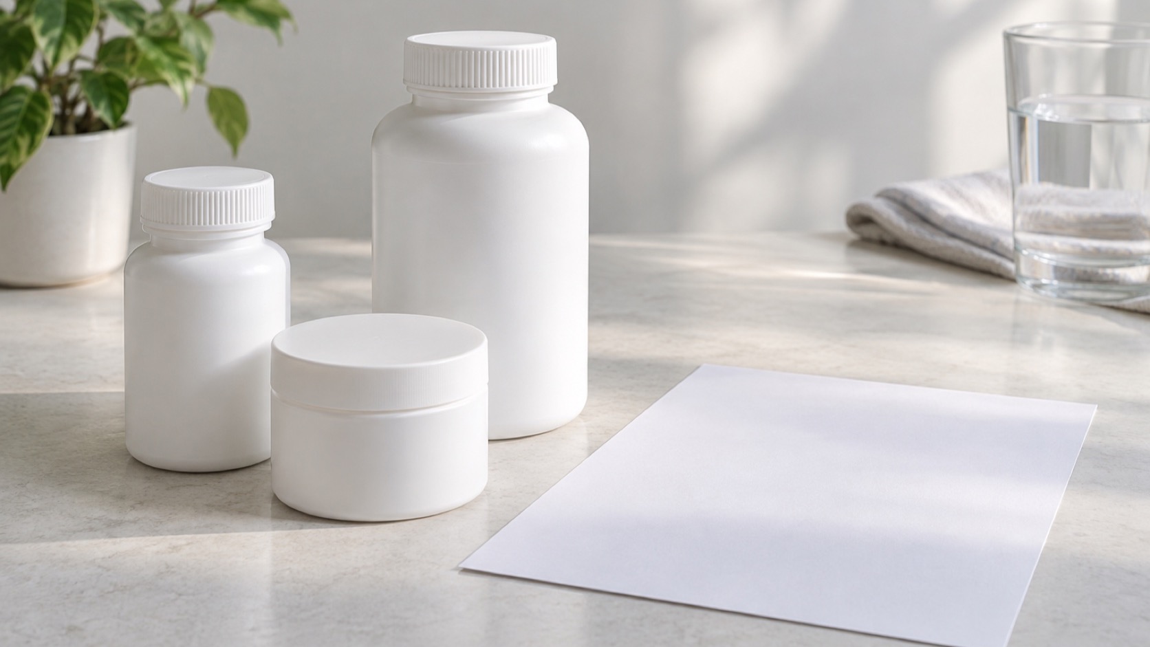 Unbranded medicine containers arranged beside a blank list.