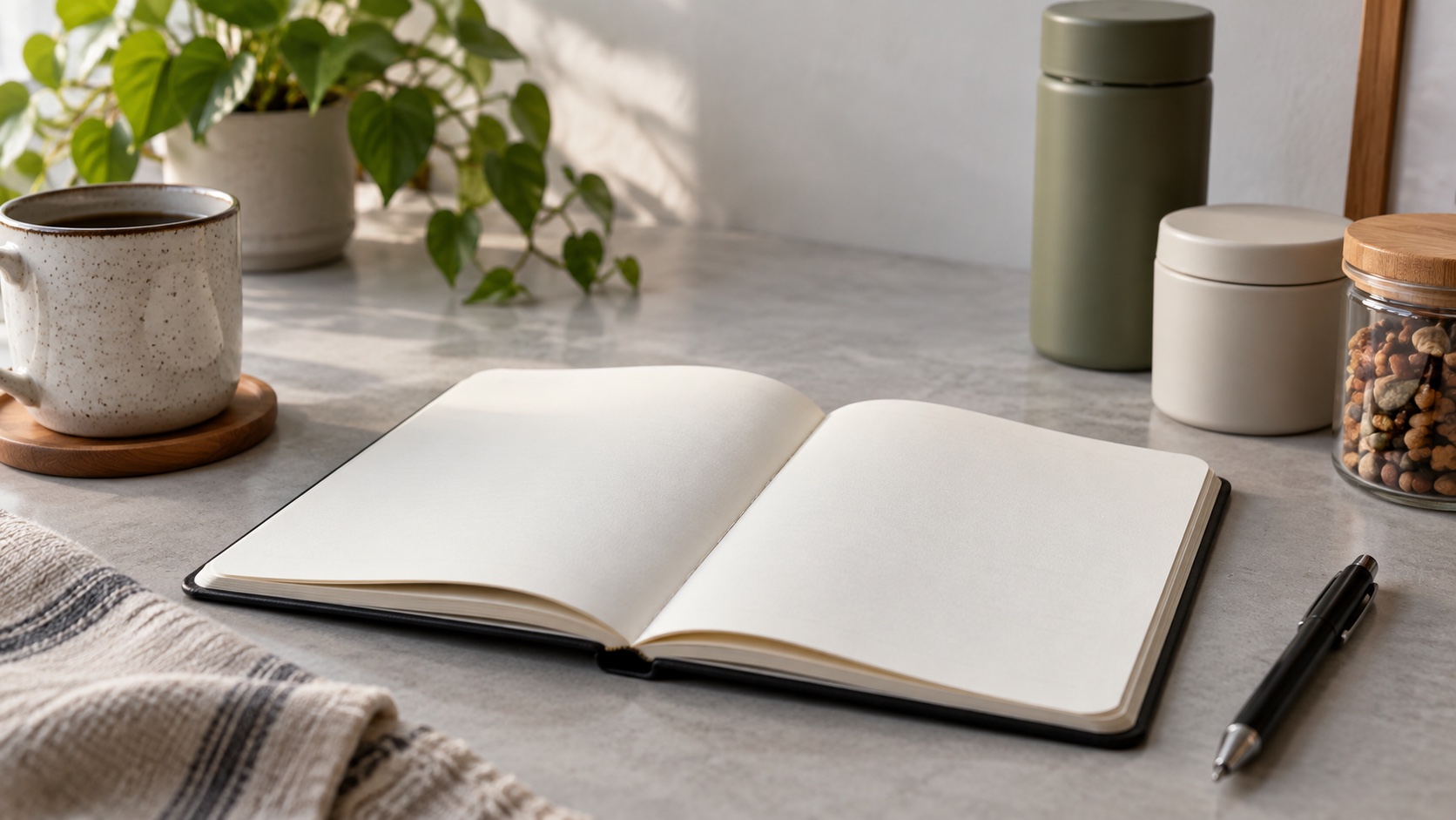 Adult writes in a notebook beside plain sealed containers.