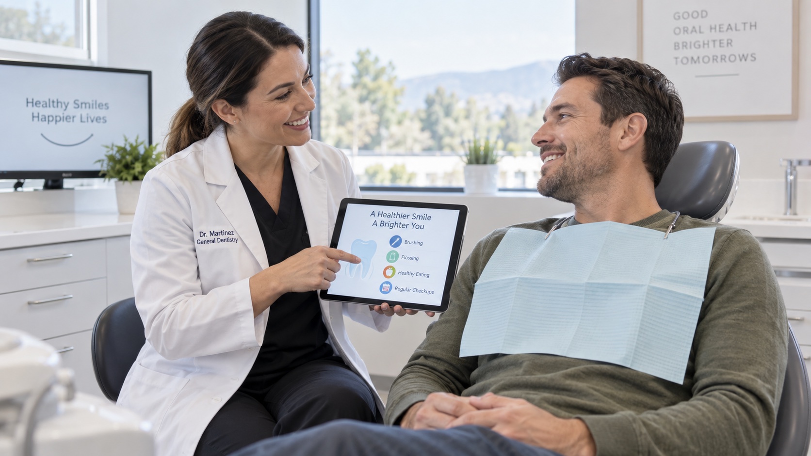 Dentist and adult discuss care in a bright room.