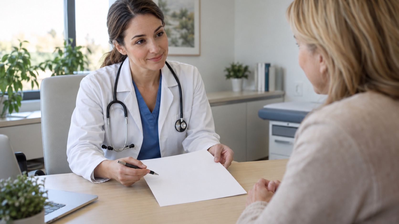 Clinician and adult review a blank planning sheet.