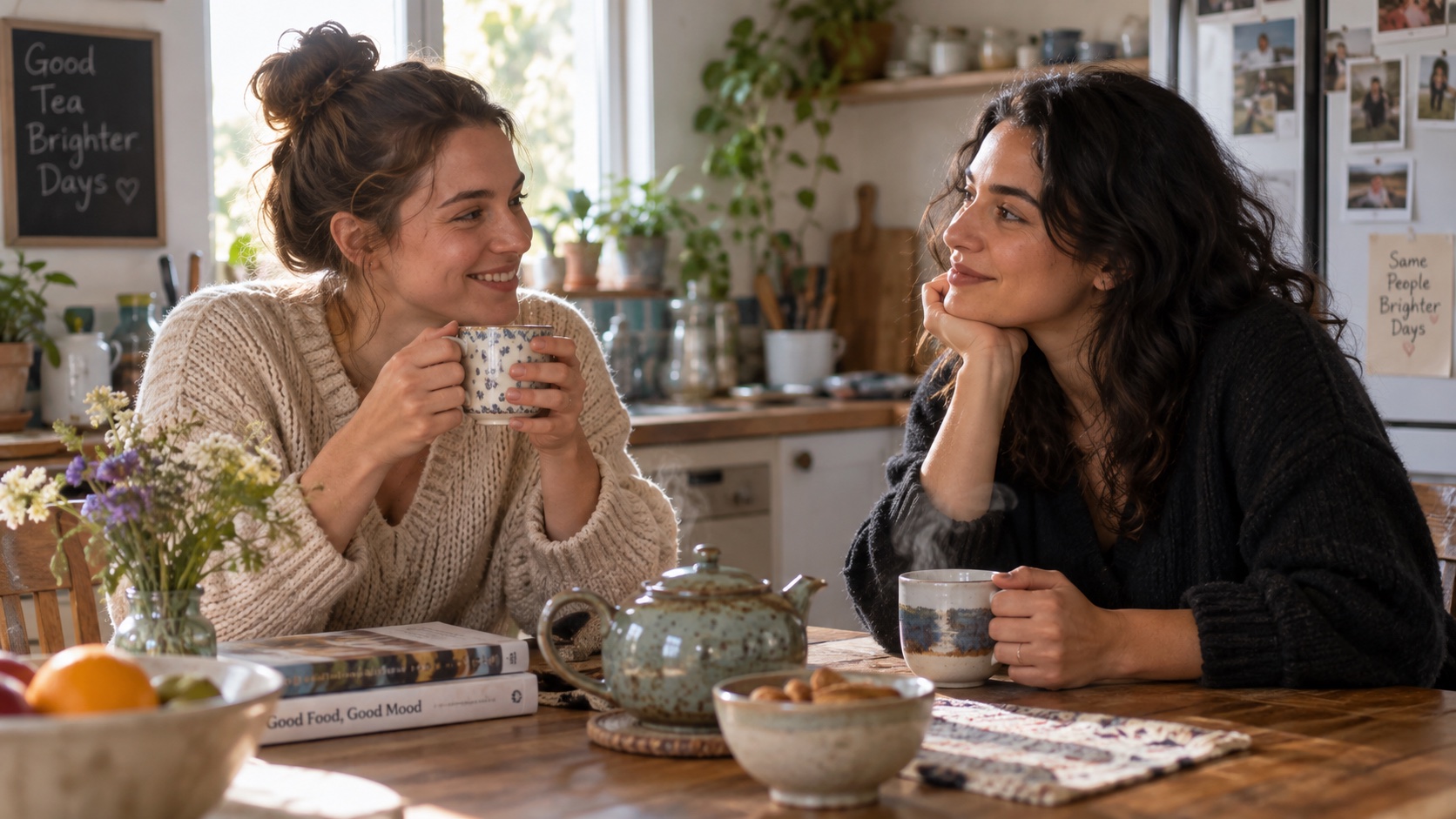 Two friends talk over tea at a kitchen table.