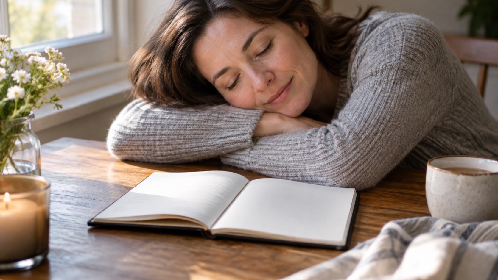 Blank journal and pen beside a resting adult.