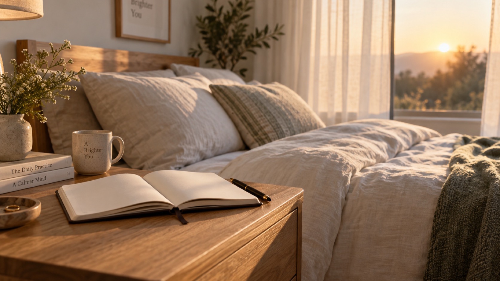 Blank sleep journal on bedside table in daylight.