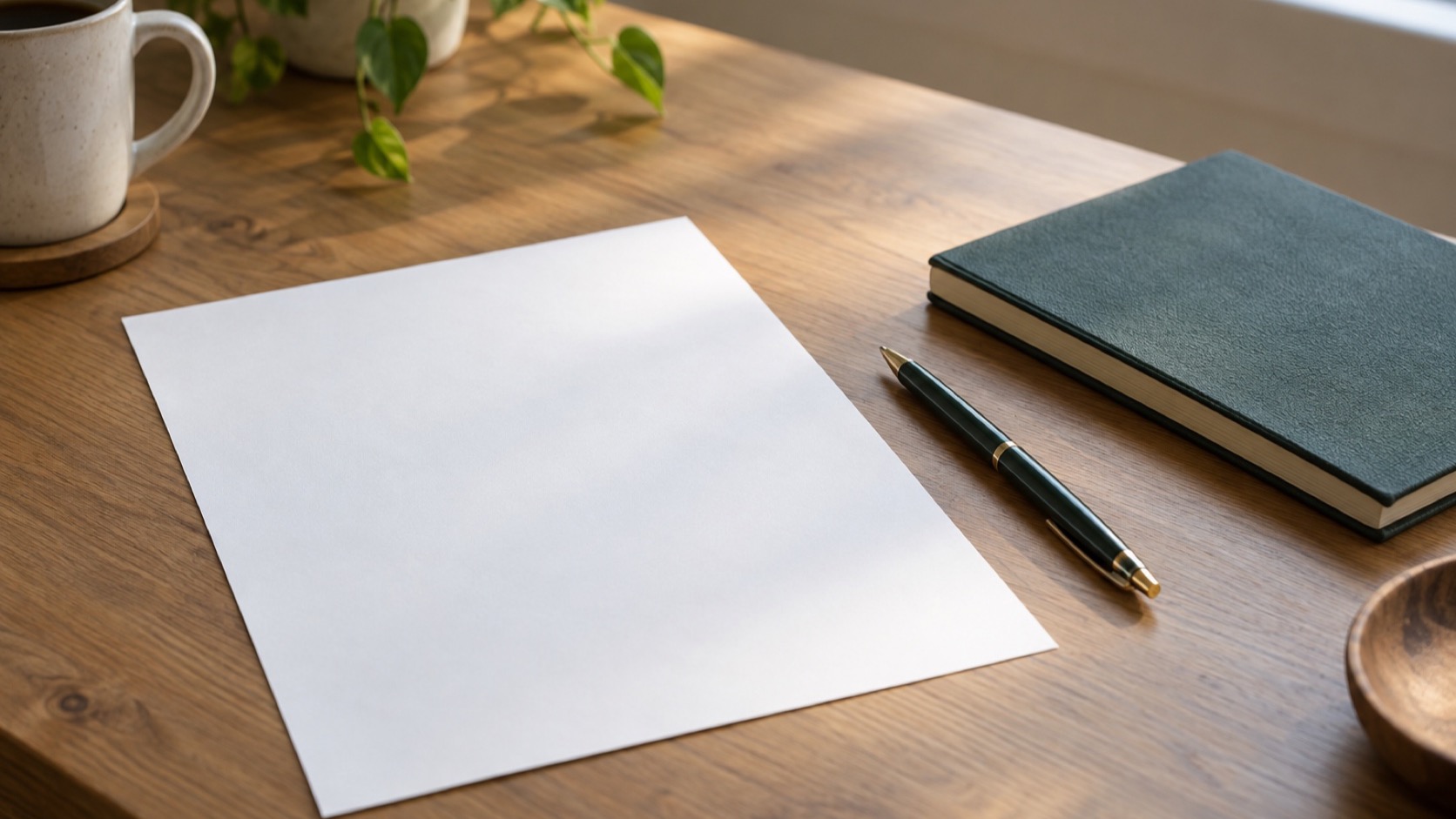 A blank sheet and pen on a desk.