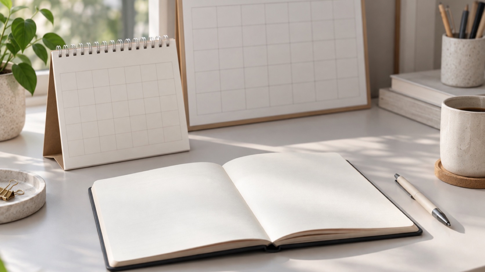 Two blank calendars and notebook on table.