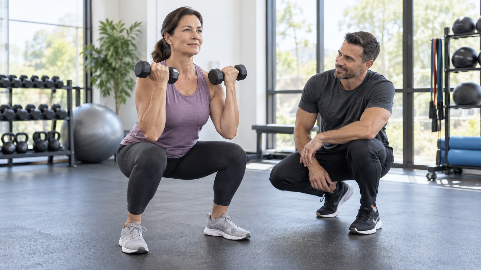 Adult performs a controlled dumbbell squat in gym.