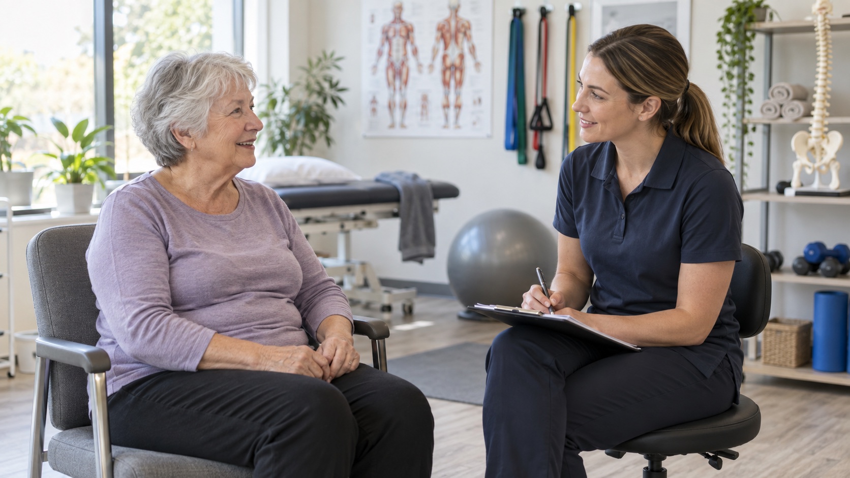 Older adult and physiotherapist discuss a plan.