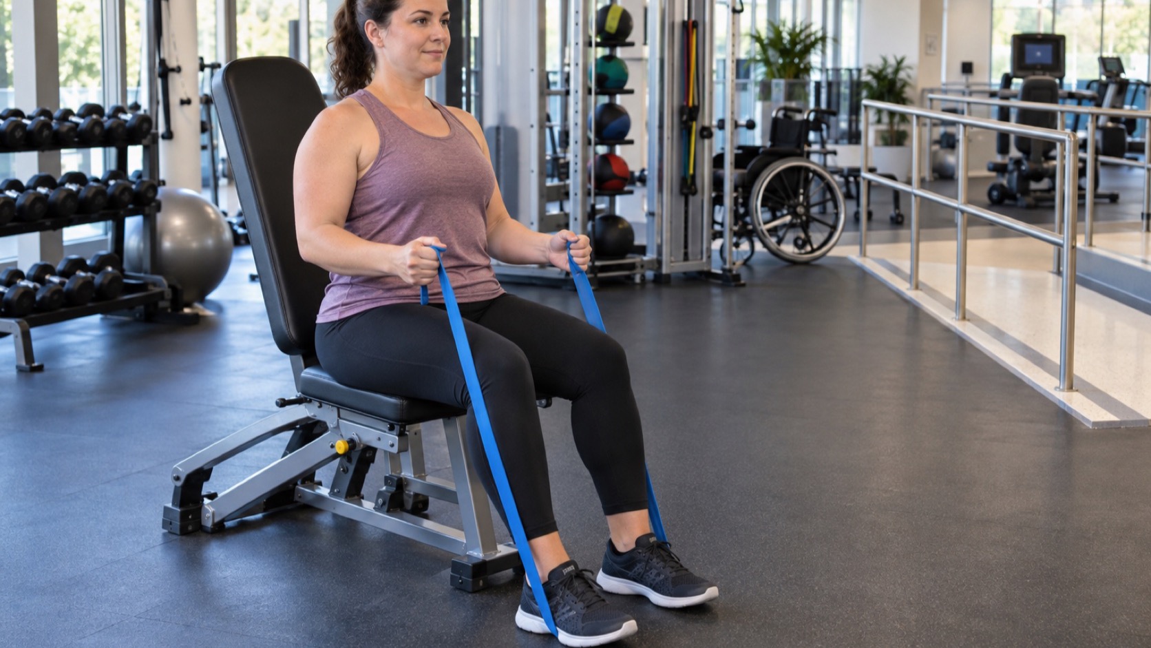Adult lifts a light dumbbell near a chair.
