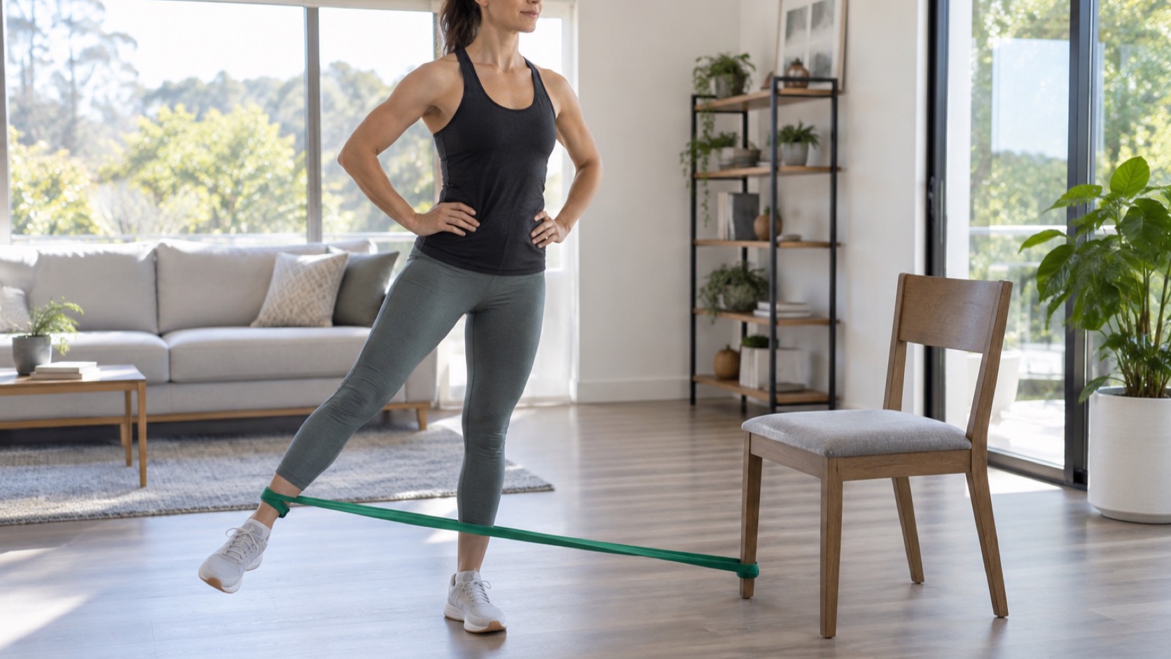 Older adult uses a resistance band beside a chair.