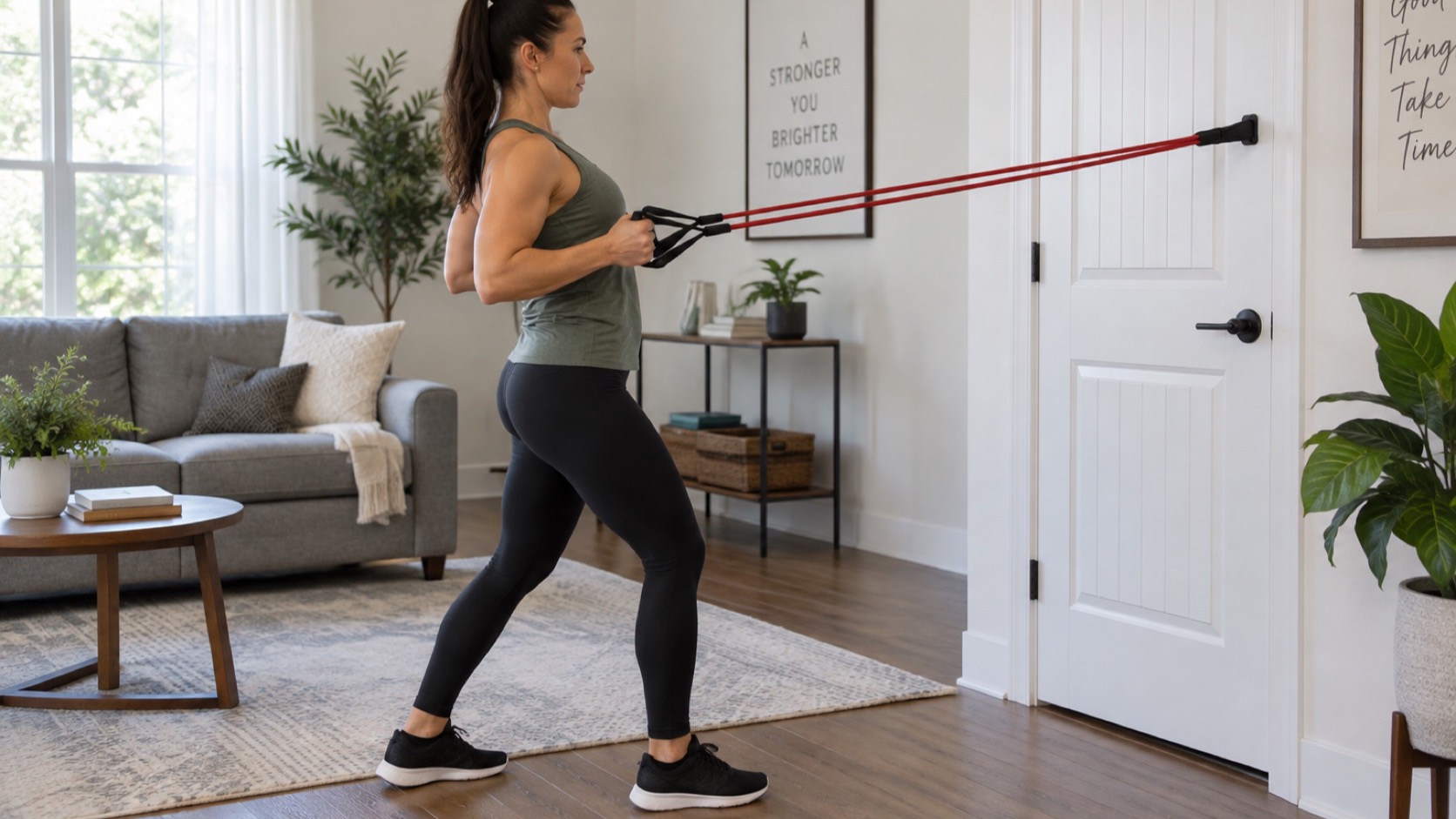 Adult performs controlled band row in a home setting.