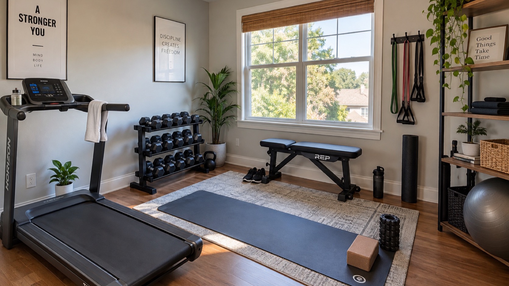 Resistance band and mat stored neatly by wall.