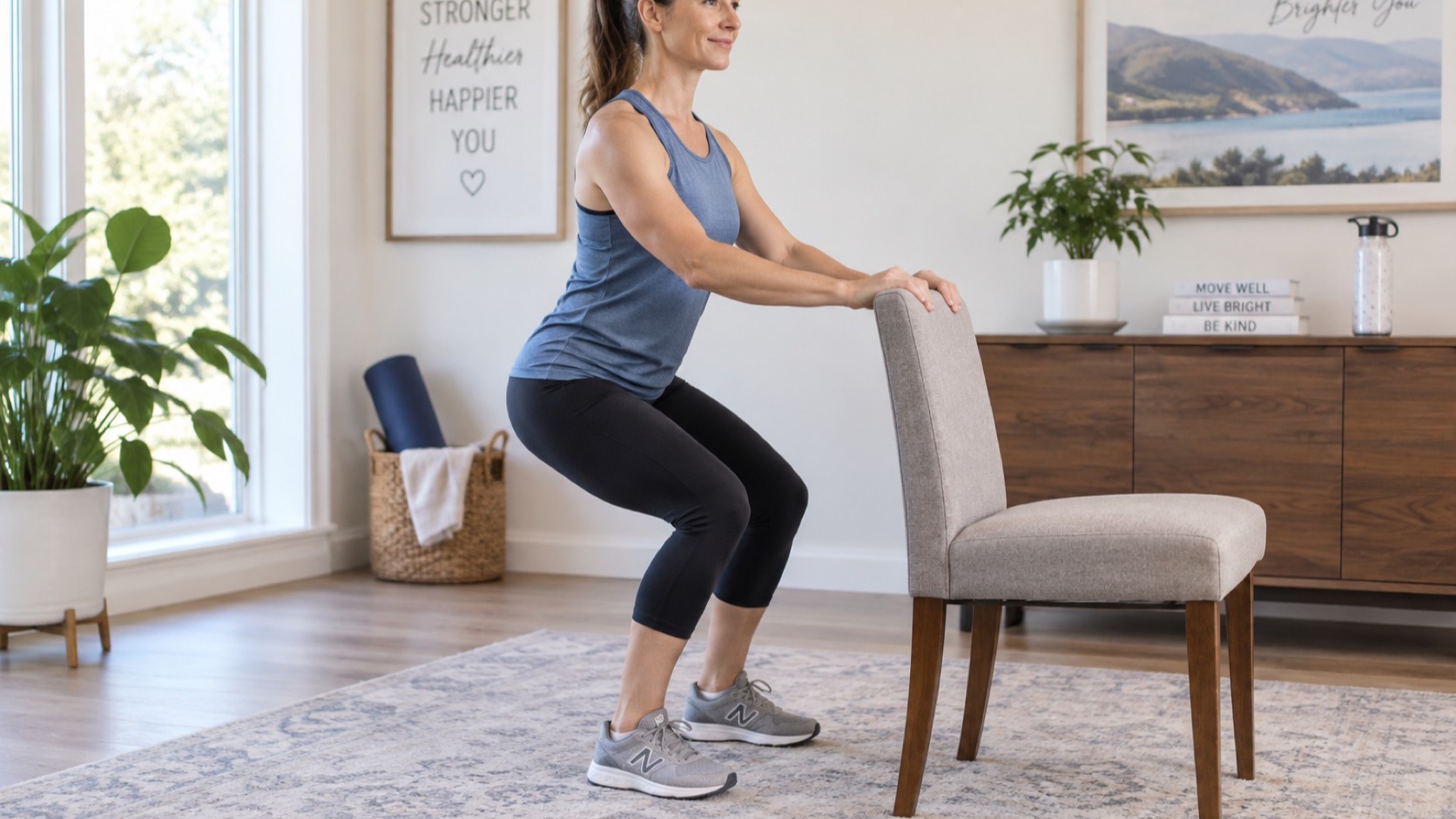 Adult performs a shallow squat holding a sturdy chair.