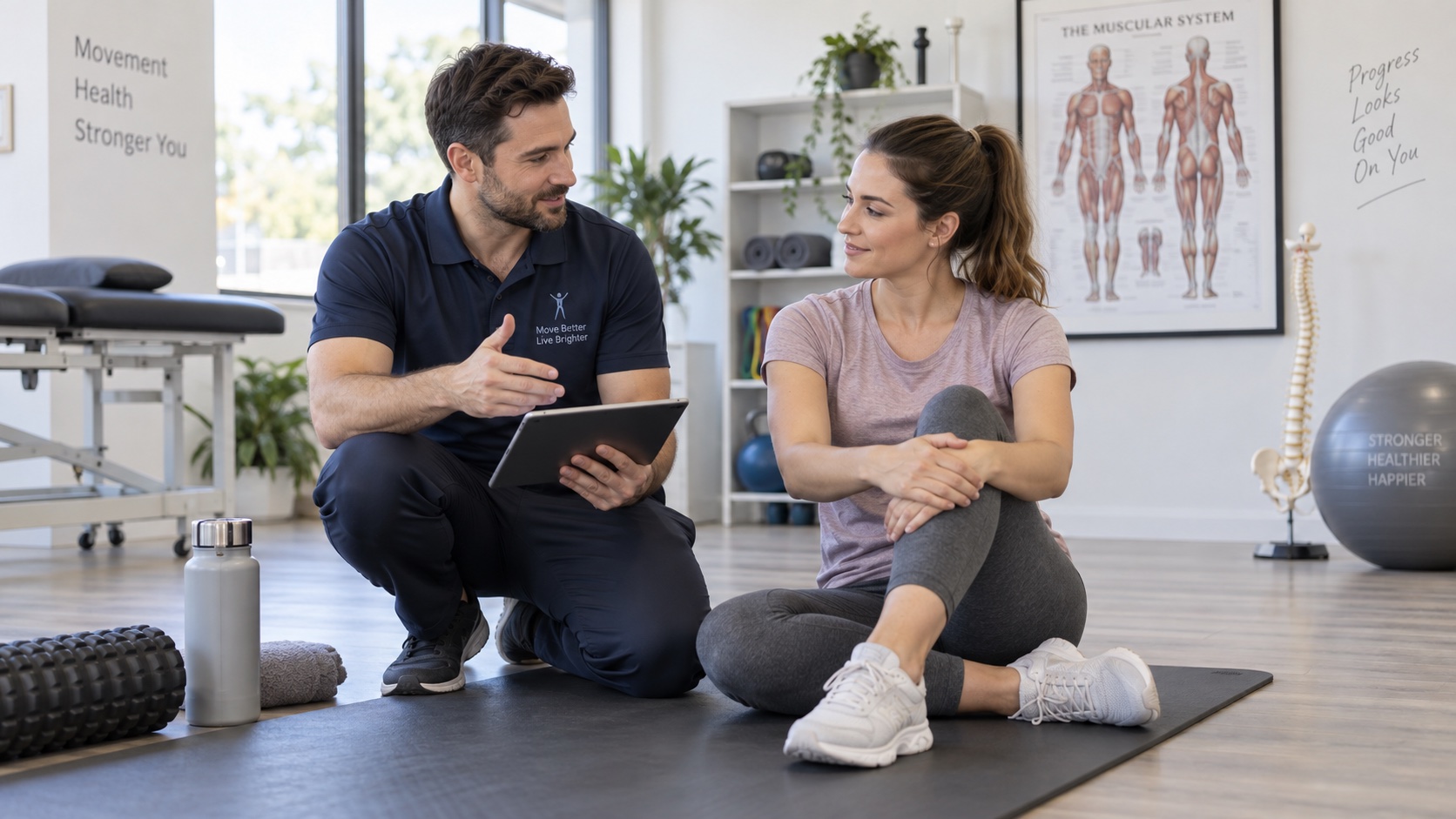 Adult and physiotherapist talk beside an exercise mat.