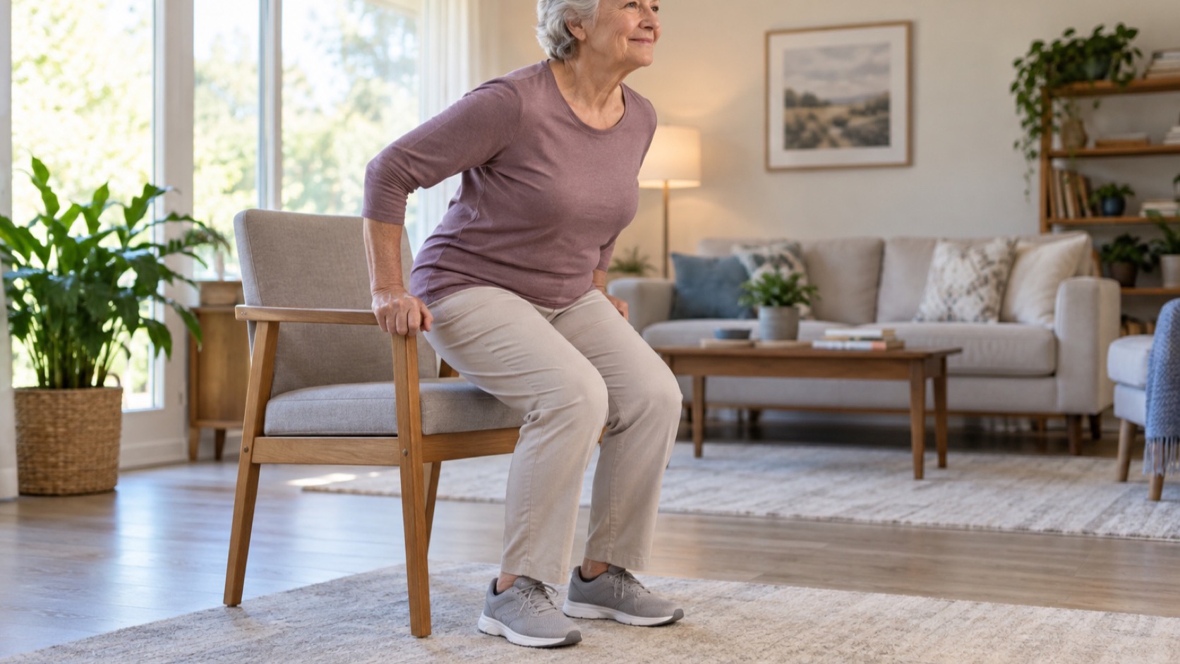 Adult performs a gentle bodyweight sit-to-stand beside chair.