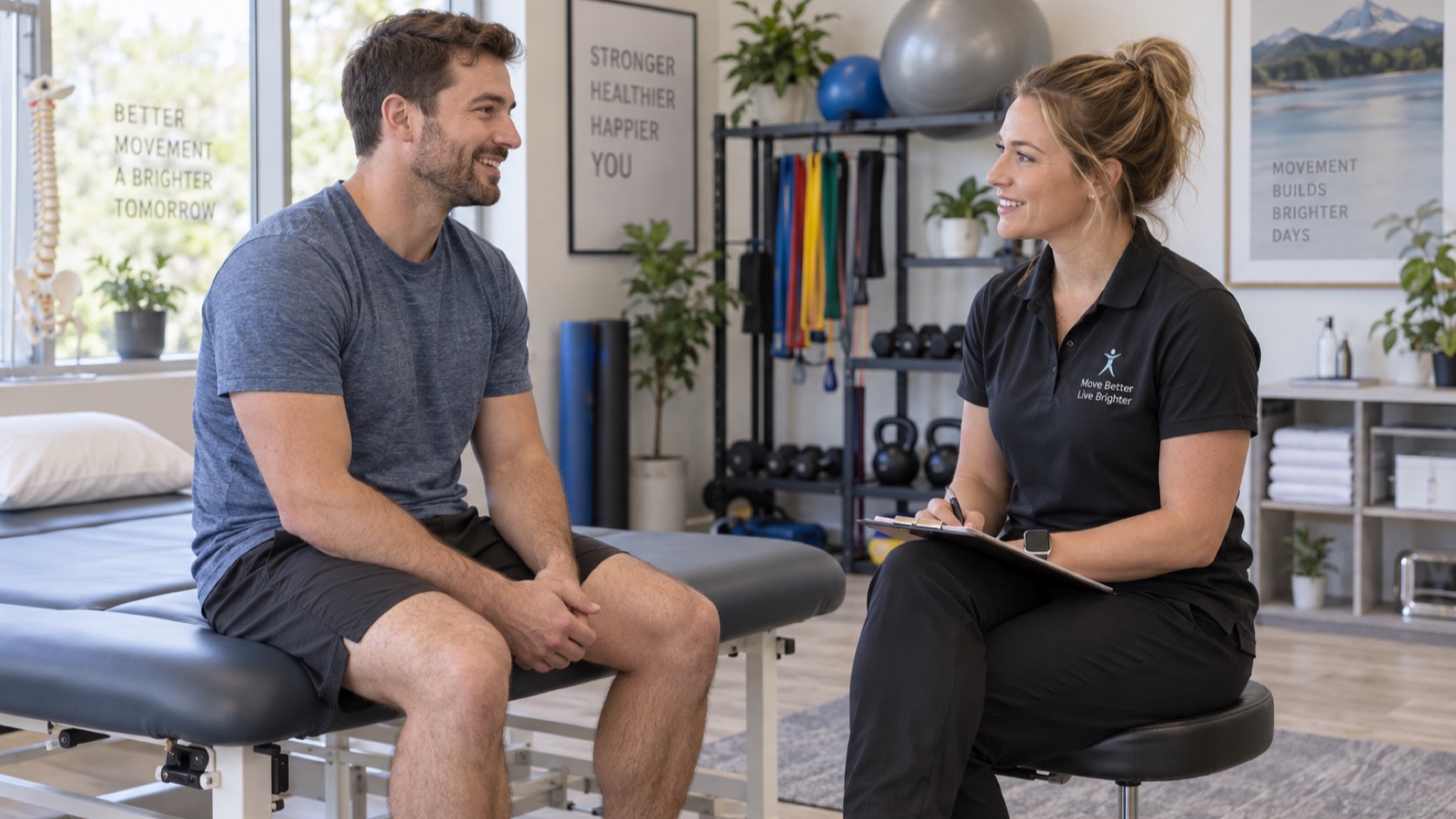 Adult speaks with physiotherapist in a calm clinic.