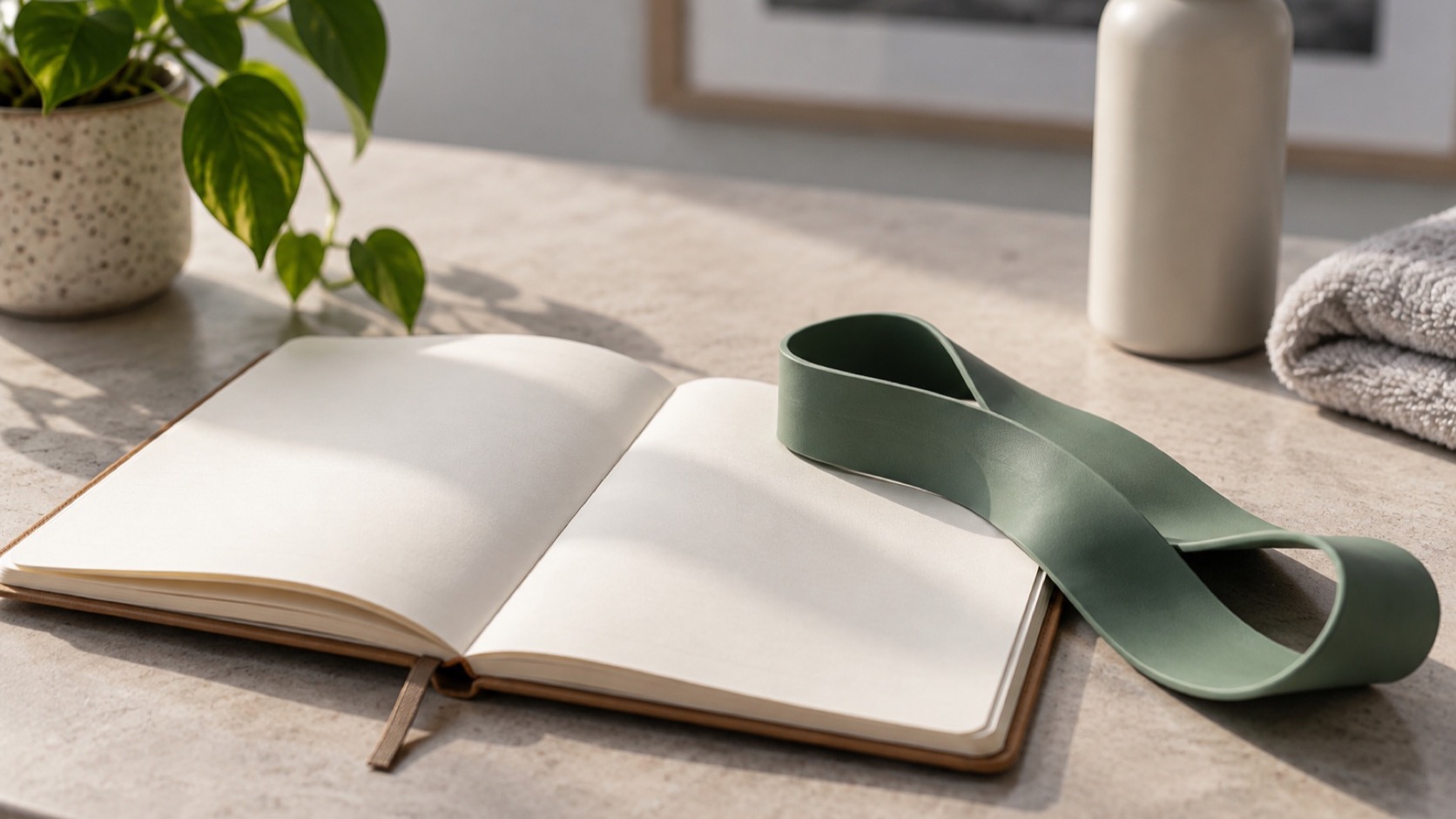 Blank training notebook beside a resistance band.