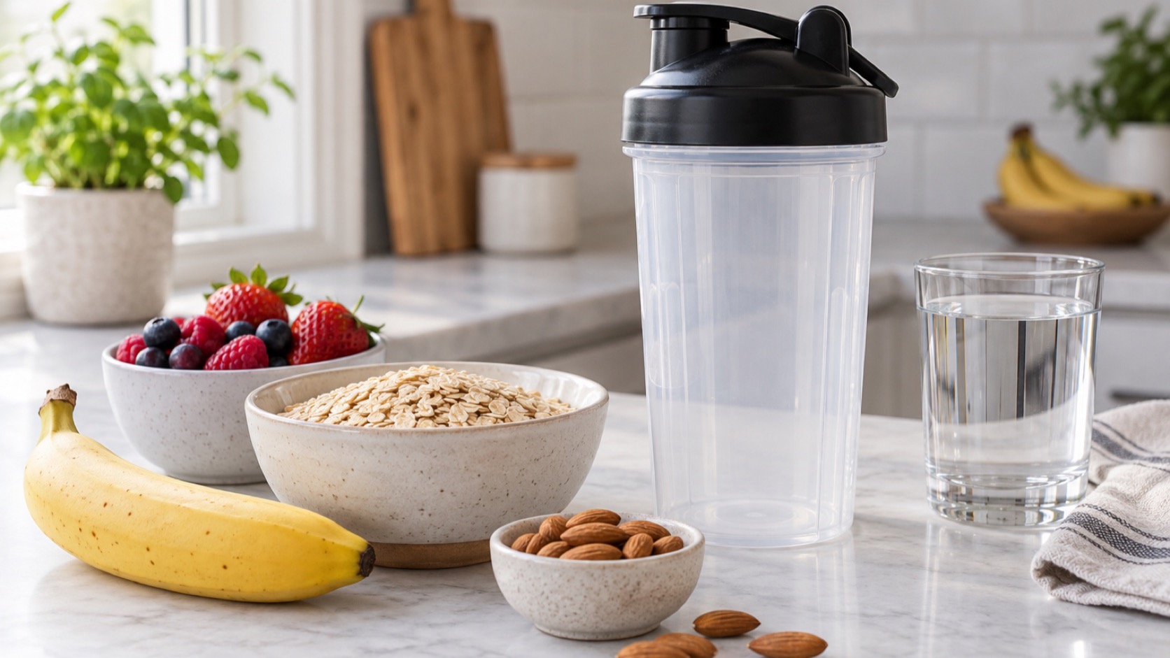 Unbranded shaker beside yogurt and fruit.