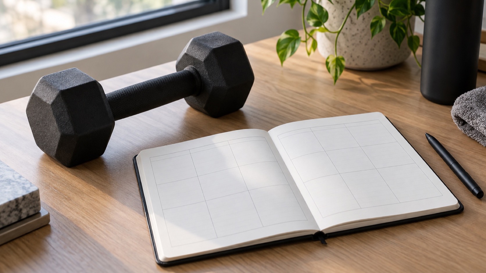 Light dumbbell beside a blank weekly planner.
