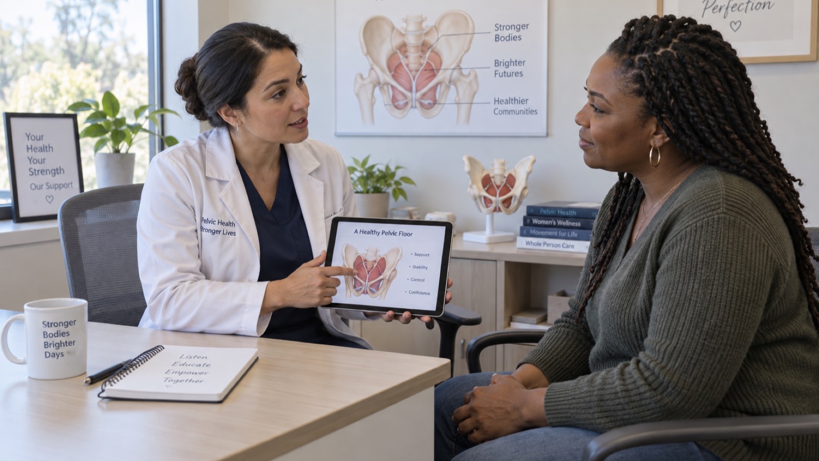 Adult discusses questions with a pelvic-health clinician.