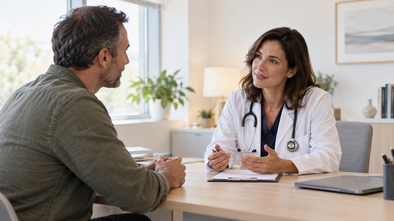 Adult and clinician talk at a desk.