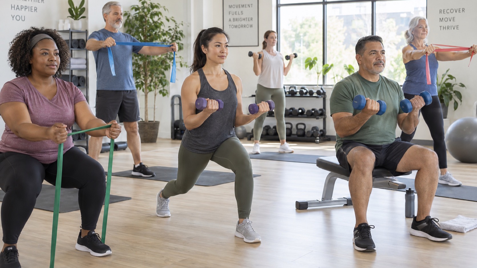 Two adults exercise with light resistance in gym.