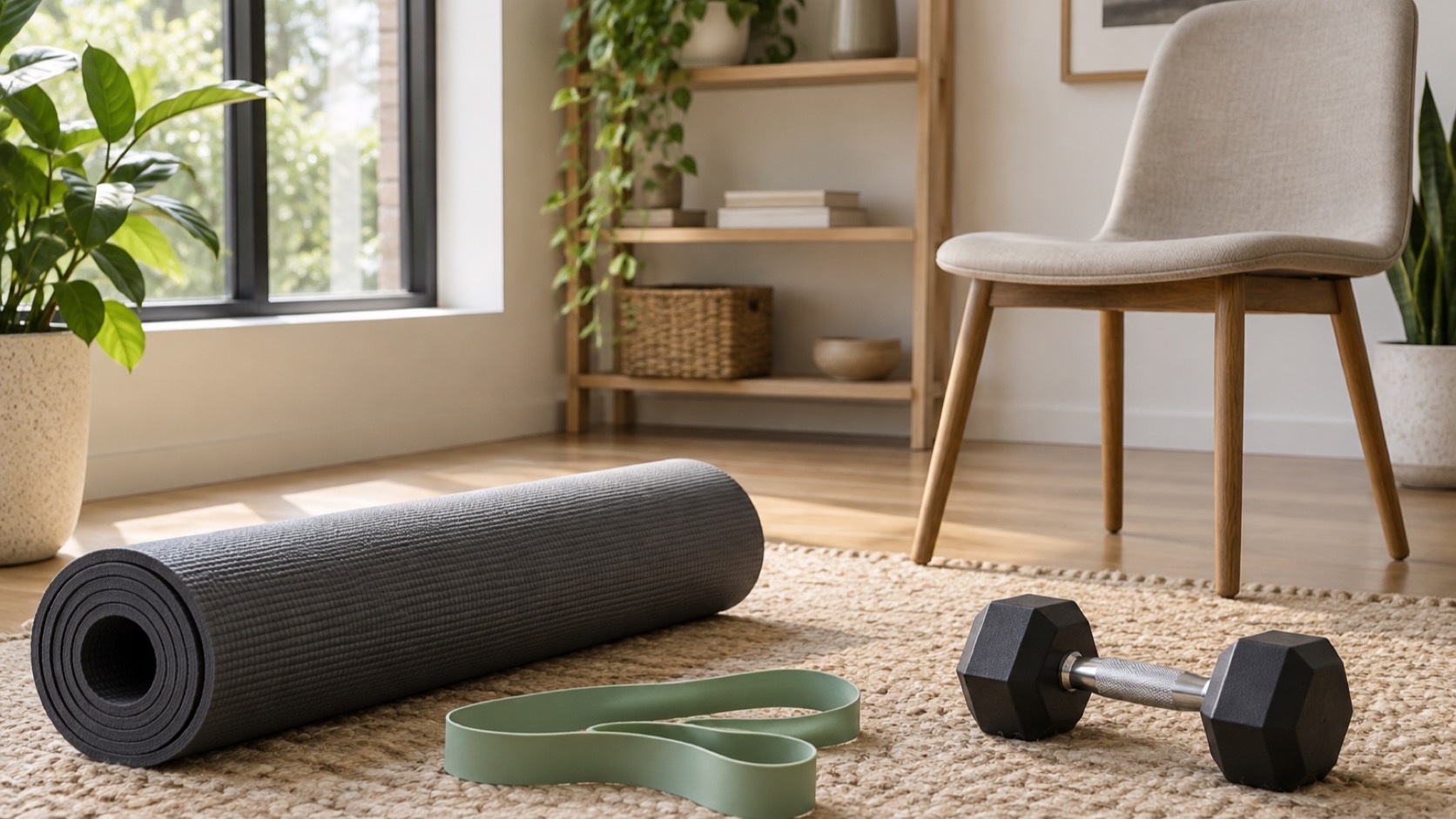 Mat, band, chair, and dumbbell arranged neatly.