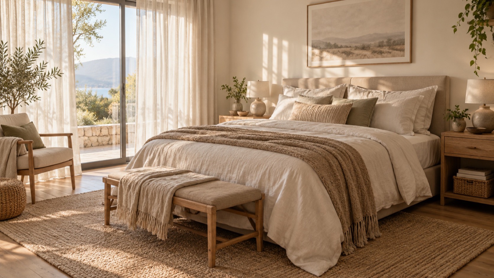 Quiet bedroom with soft morning light and neatly made bed.